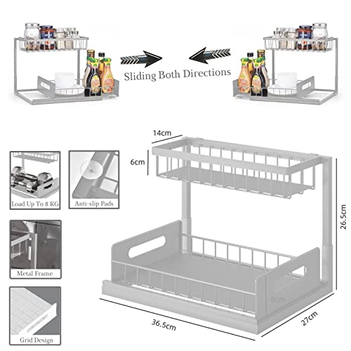 2 Tier Under Sink Organiser, Sliding Cabinet Drawer Storage with Non-Slip Pads,