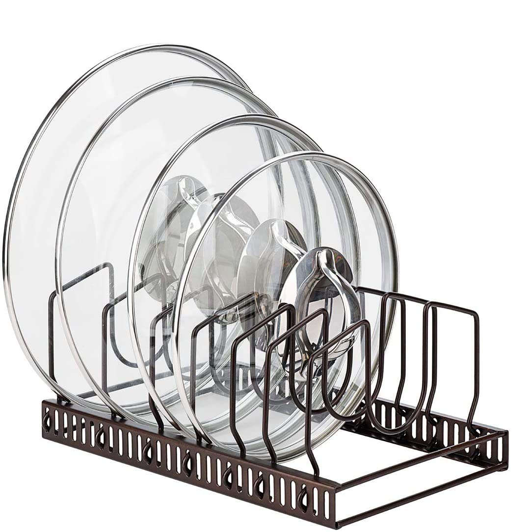 Toplife Adjustable Kitchen Lid Organizer, 7 Adjustable Compartments, for Pantry or Cabinet, Brown