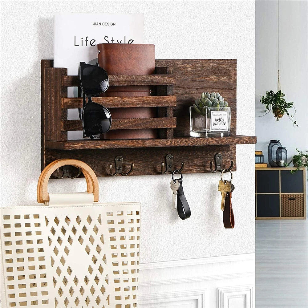 Entryway Wooden Shelf With Hooks