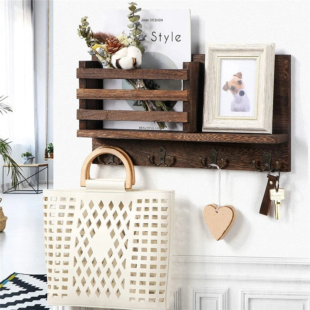 Entryway Wooden Shelf With Hooks